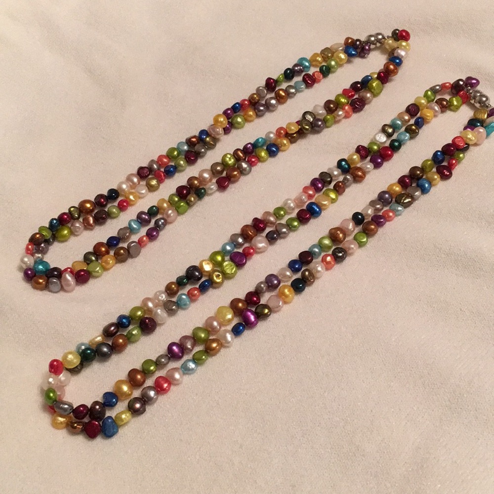 Two multi-colored freshwater pearl necklaces.